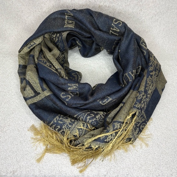 Accessories - Cashmere Jerusalem Fringe Women’s Scarf Dark Gray & Tan 68” x 26” Shawl 100% EUC